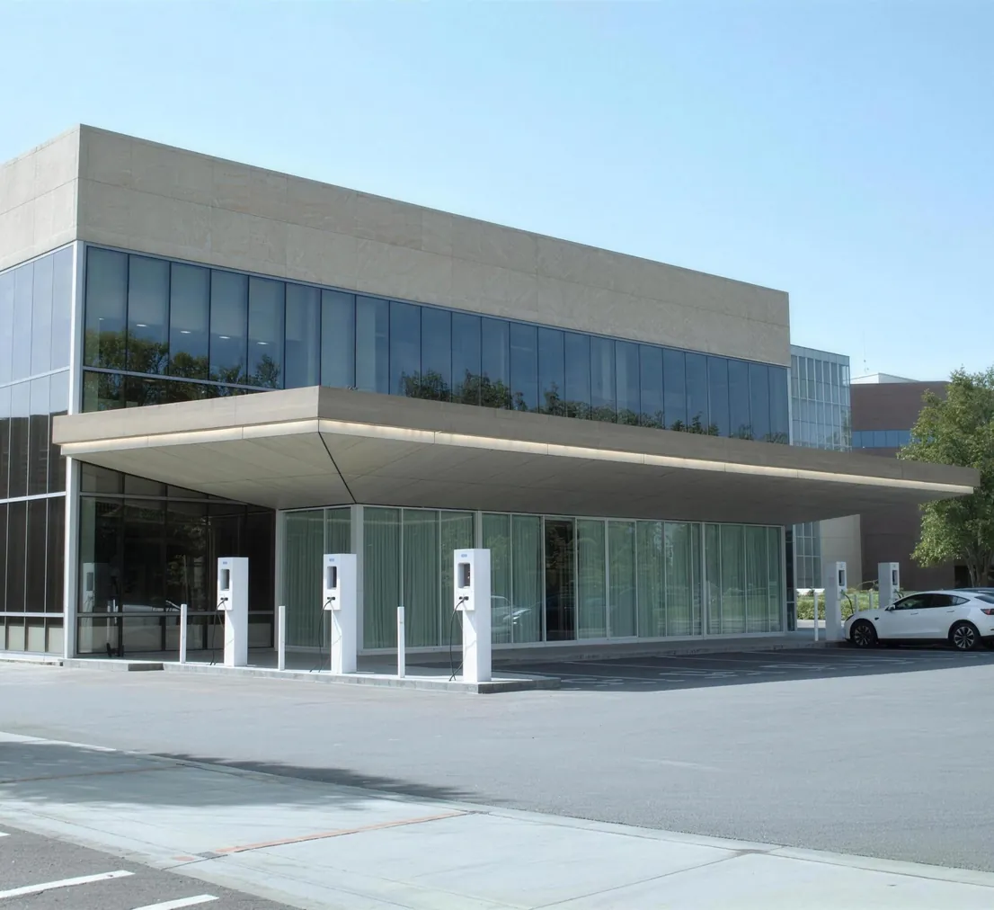 Reihe weißer Ladesäulen an einem Bürogebäude mit ladenden Elektroautos